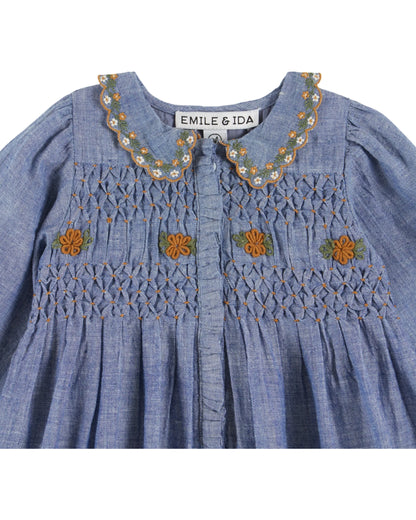 Smocked Jurk - Chambray Blauw