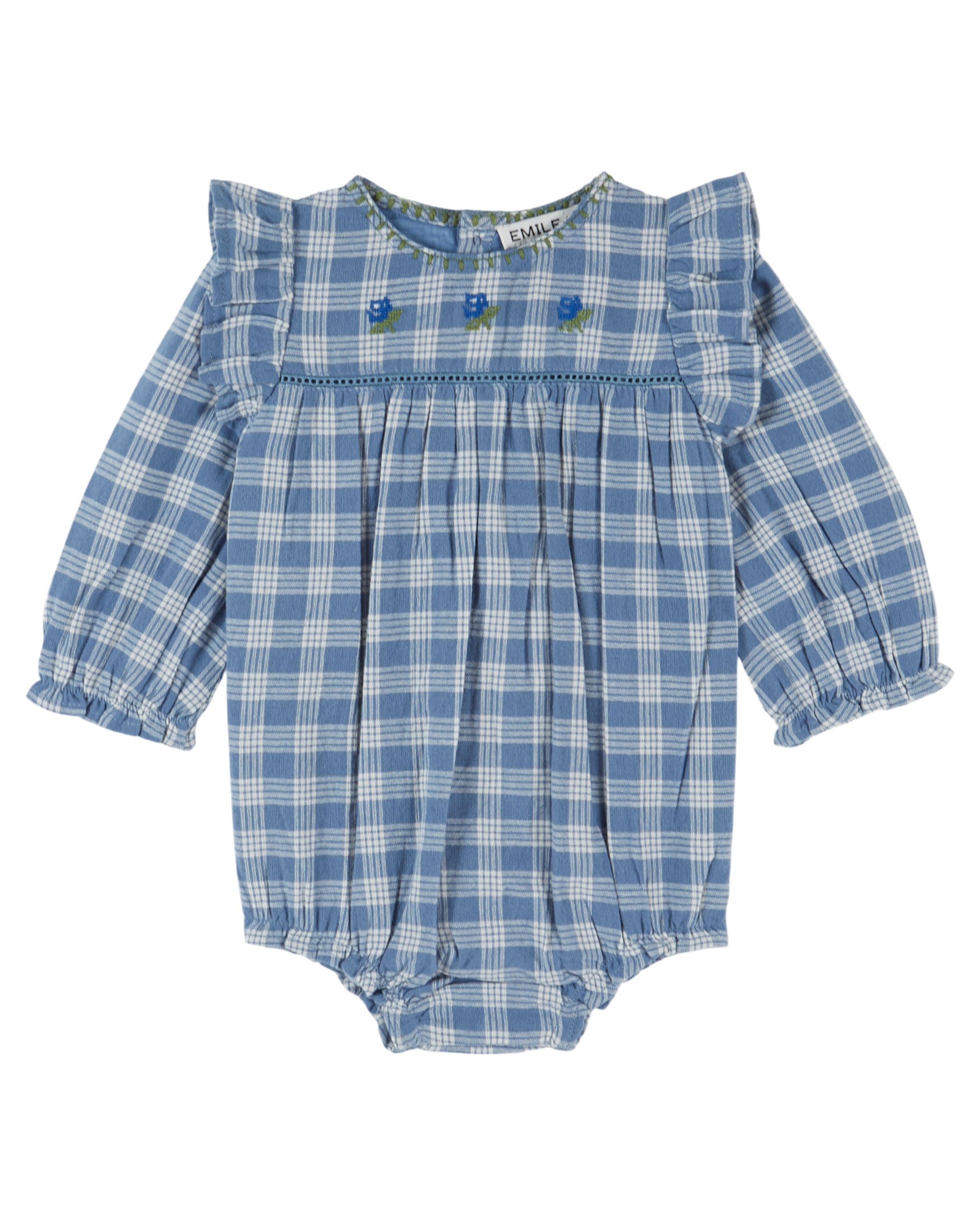 Embroidered Flounce Romper - Carreaux Celestine