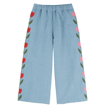 Denim Tulip Embroidered Trousers - Bleu Delave