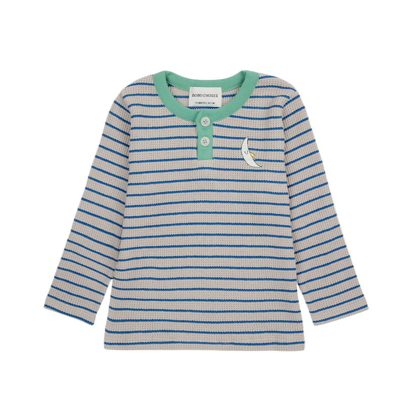 Baby Stripes Waffle Buttoned T- Shirt - Blue